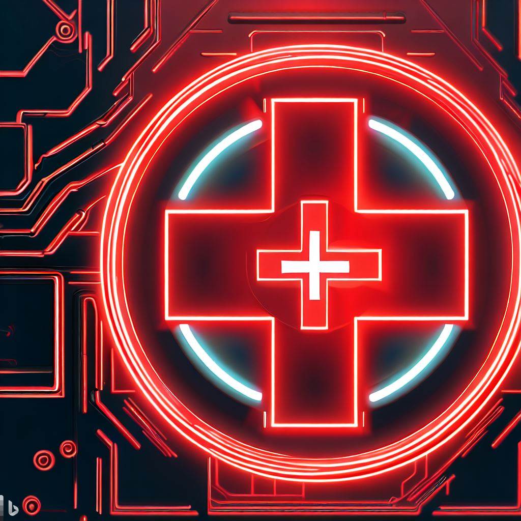 AI generated tron style interpretation of AI in healthcare with a red theme featuring a red cross
