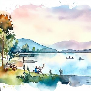 Watercolor image of nature and outdoor activities for stress management at a lake