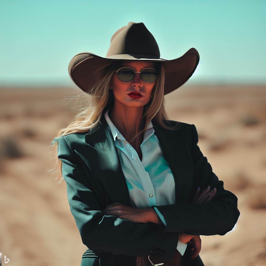 A woman in a cowboy hat in the desert wearing glaesses