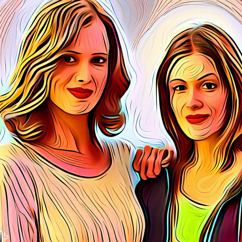 AI generated interpolated rotoscope style image of a mom and her teenage daughter
