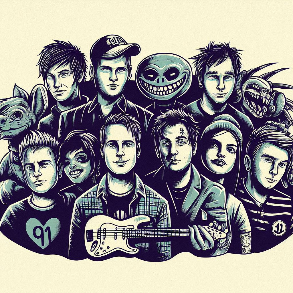 AI generated image of Blink 182, New Found Glory, Paramore, Jimmy Eat World and Green Day with no text