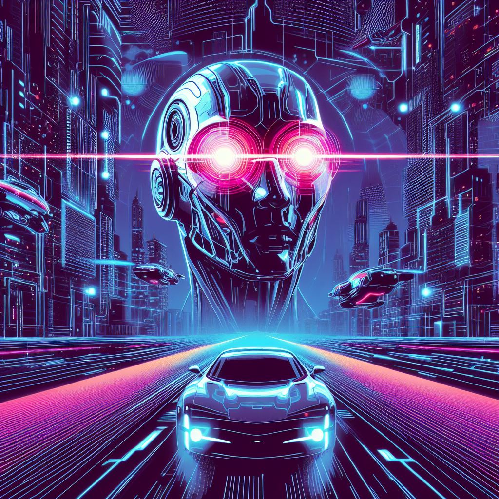 AI generated image of How Does Computer Vision Aid Self Driving Cars? do not use text and make it a tron cyberpunk style image